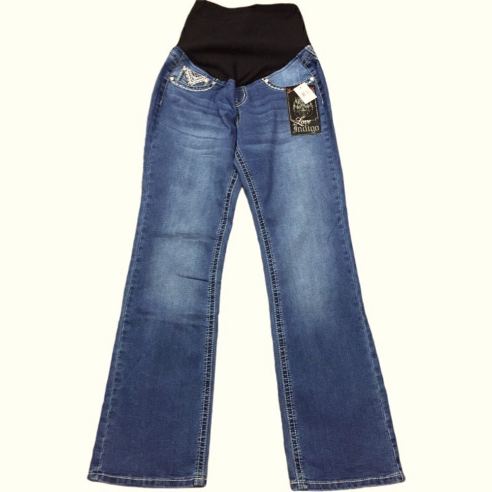 NWT LOVE INDIGO Maternity Pull-on Jeans Rhinestone Pockets SIZE Small - Picture 2 of 10